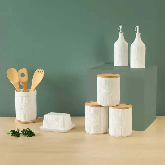 CERAMIC AND BAMBOO UTENSILS POT - WHITE