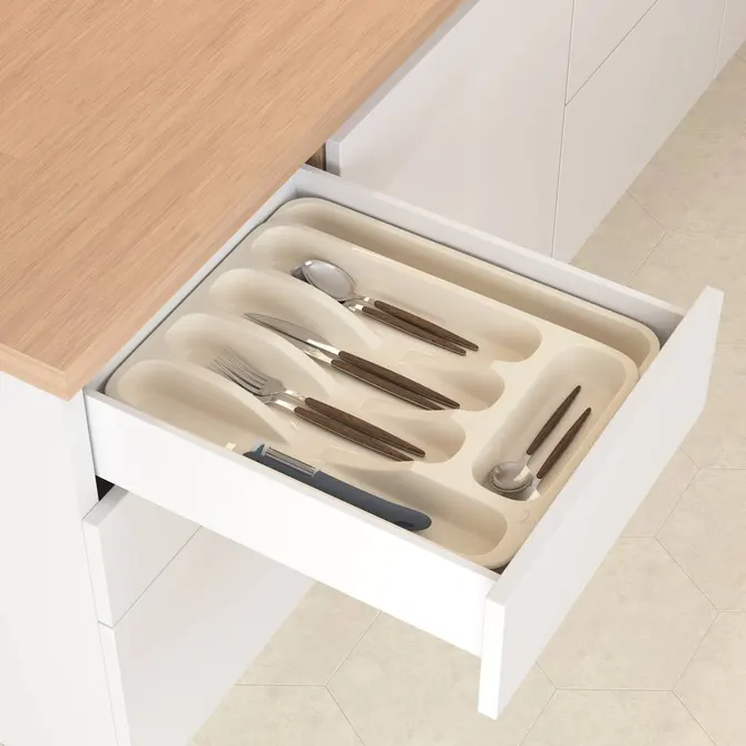 EXPANDABLE 6 COMPARTMENT POLY CUTLERY TRAY- BEIGE