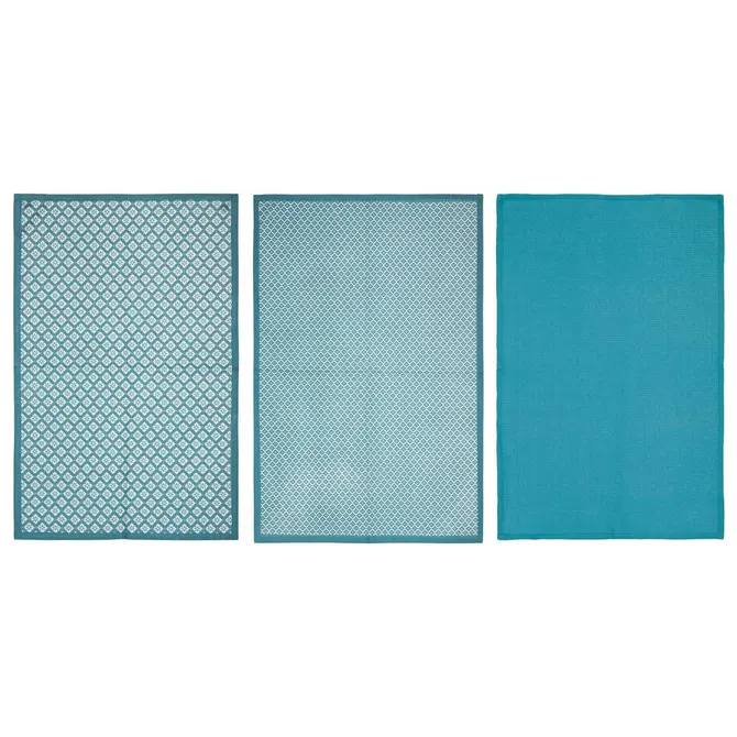 SET OF 3 PRINTED TIKAL TEA TOWELS 45X70 CM - DUCK BLUE