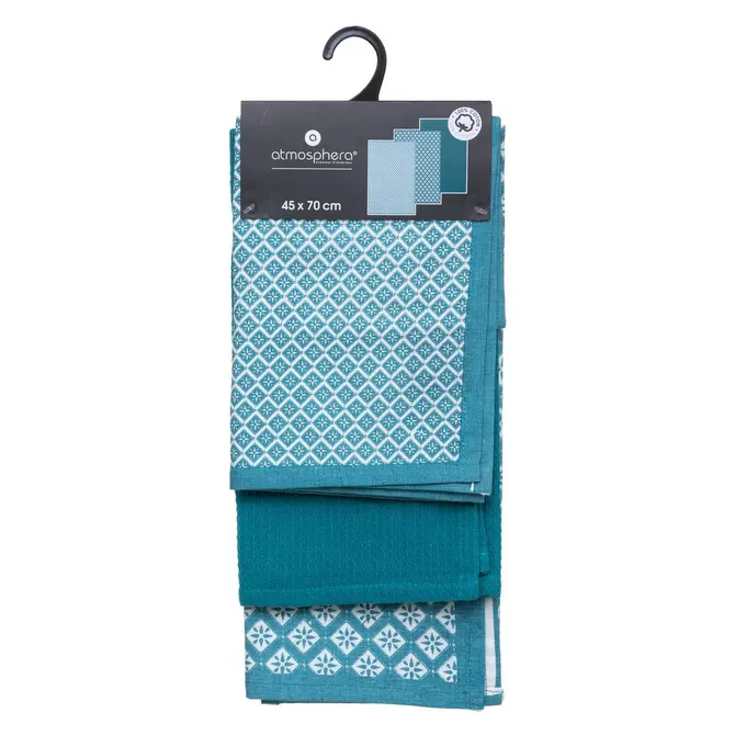 SET OF 3 PRINTED TIKAL TEA TOWELS 45X70 CM - DUCK BLUE