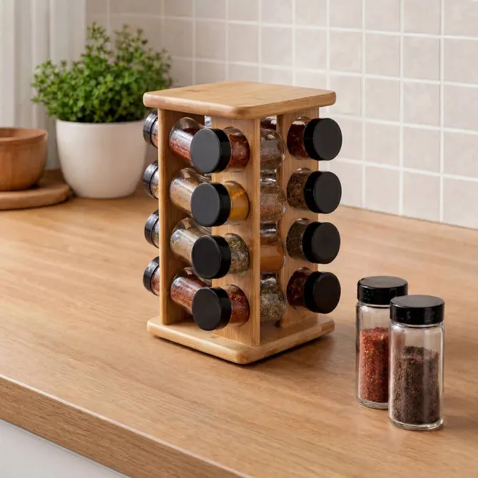 BAMBOO REVOLVING SPICE RACK WITH 16 JARS
