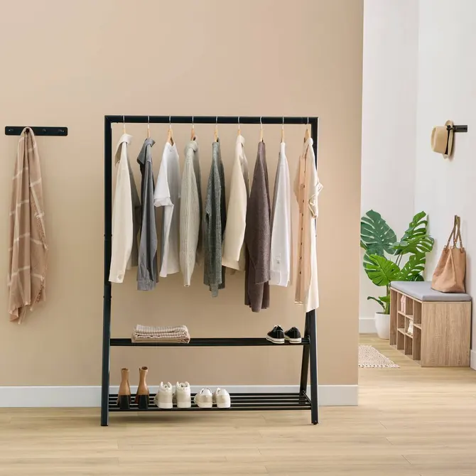 ATHÉNA CLOTHES RACK W/2 SHELVES - BLACK