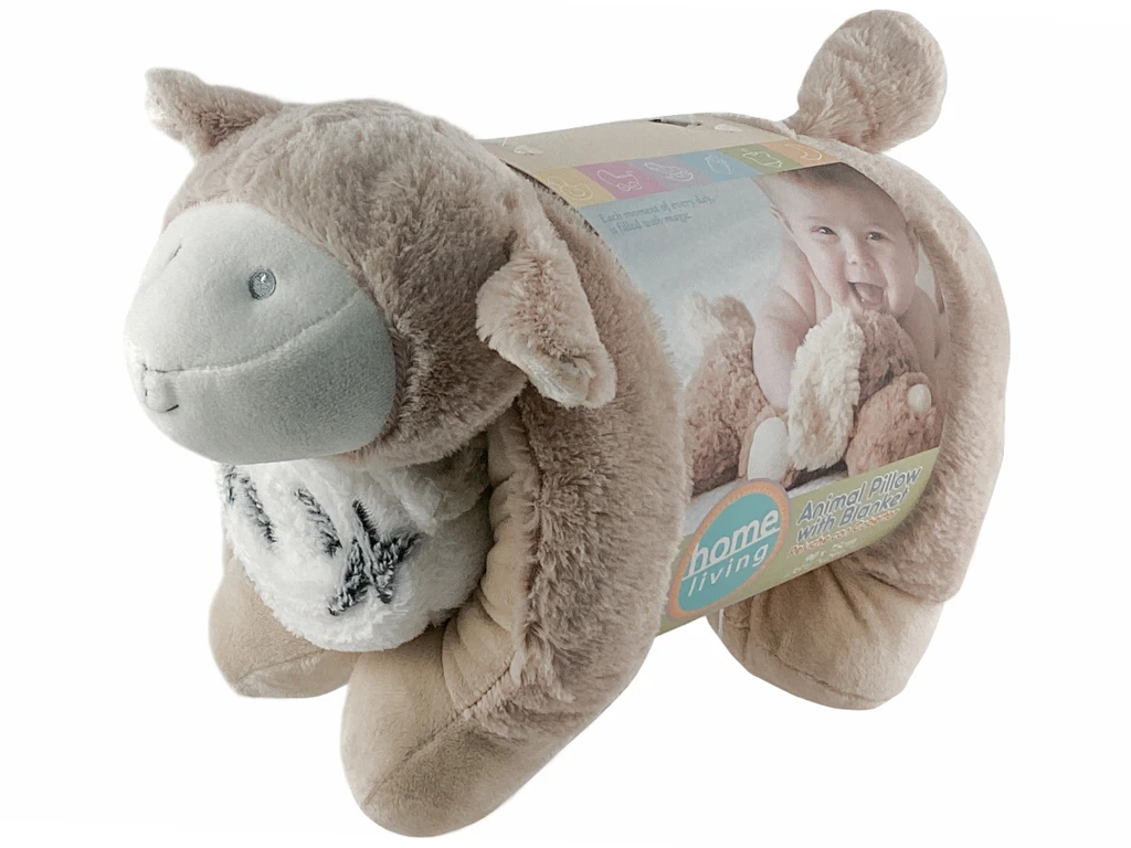 PLUSH ANIMAL PILLOW W/ BLANKET 54X36CM, 90X75CM - CREAM/WHITE
