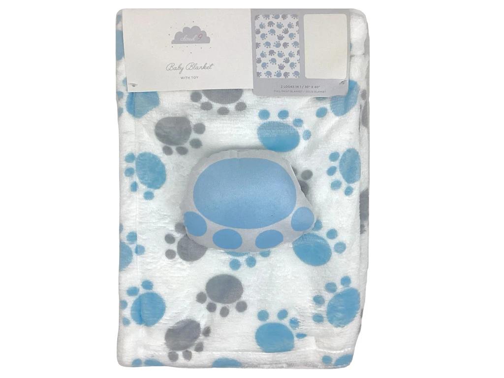 BABY BLANKET WITH TOY 30X40" - BLUE/GREY/WHITE