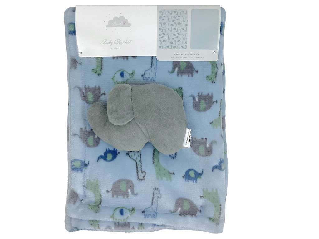 BABY BLANKET WITH TOY 30X40" - BLUE/GREY
