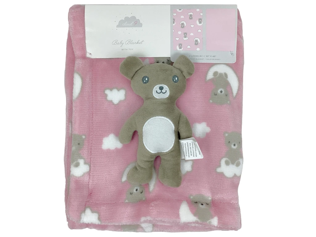 BABY BLANKET WITH TOY 30X40" - PINK/ BROWN/WHITE