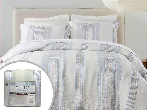 COMFORTER SET QUEEN - BLUE/WHITE/CREAM