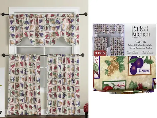 3-PC OXFORD PRINTED KITCHEN CURTAIN 54X18", 27X36"