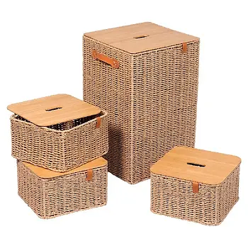 SET OF 4 PAPER/METAL BASKETS W/ BAMBOO LID - NATURAL