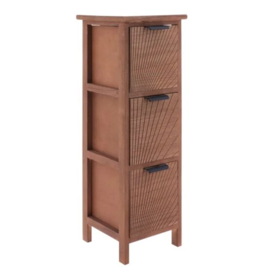 MDF CABINET W/3 ENGRAVED DRAWERS & METAL HANDLES - BROWN