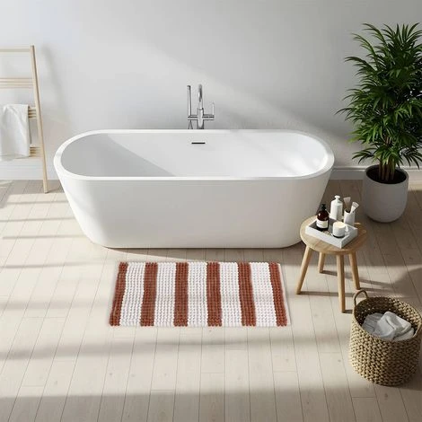 POLYESTER BALL RUG WIDE STRIPE 45X90 CM - MOCHA & WHITE