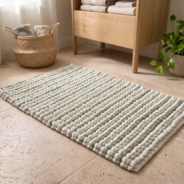 STRIPED BALL RUG POLYESTER/COTTON 45X90 CM - GREEN & BEIGE