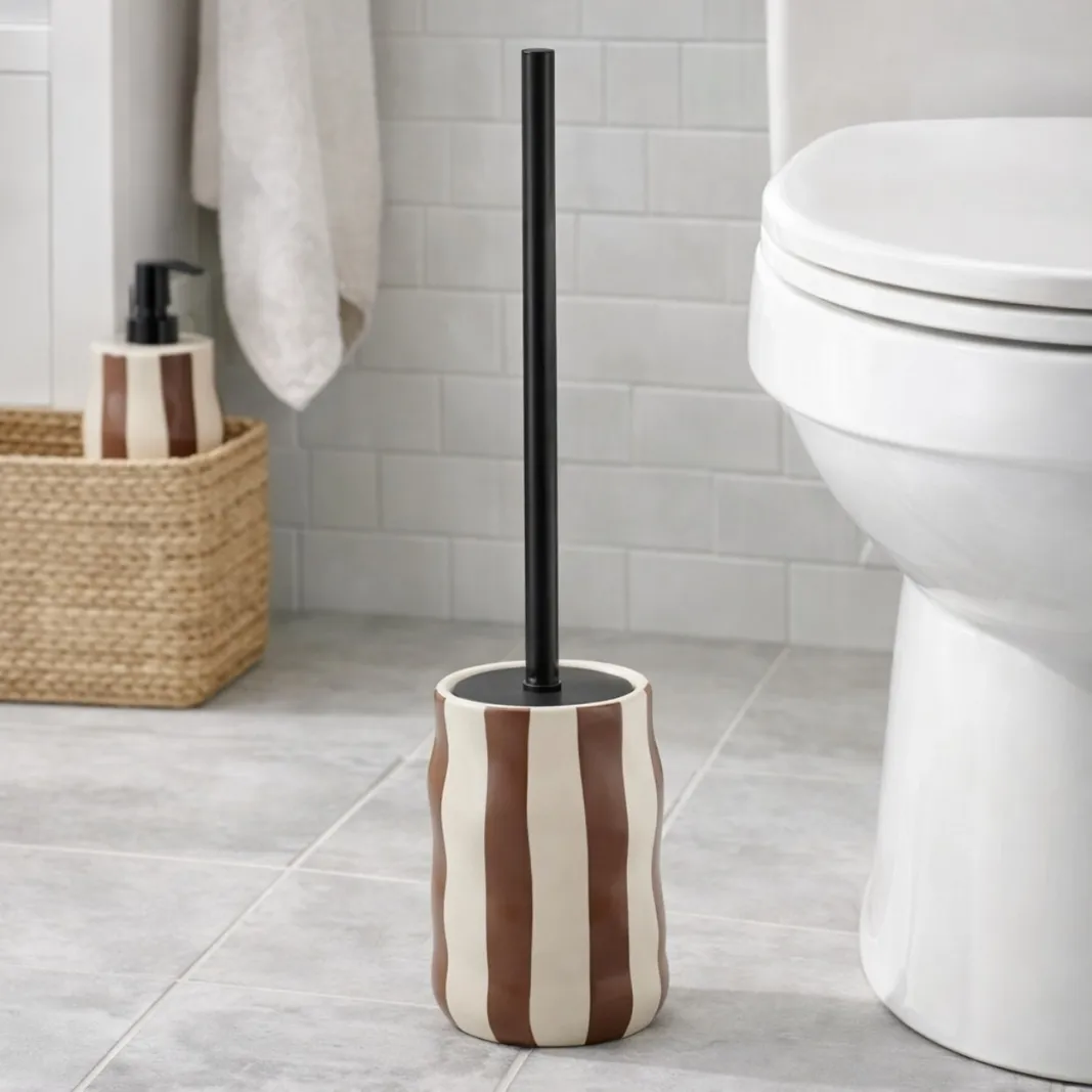 STRIPED STONEWARE TOILET BRUSH - MOCHA & CREAM