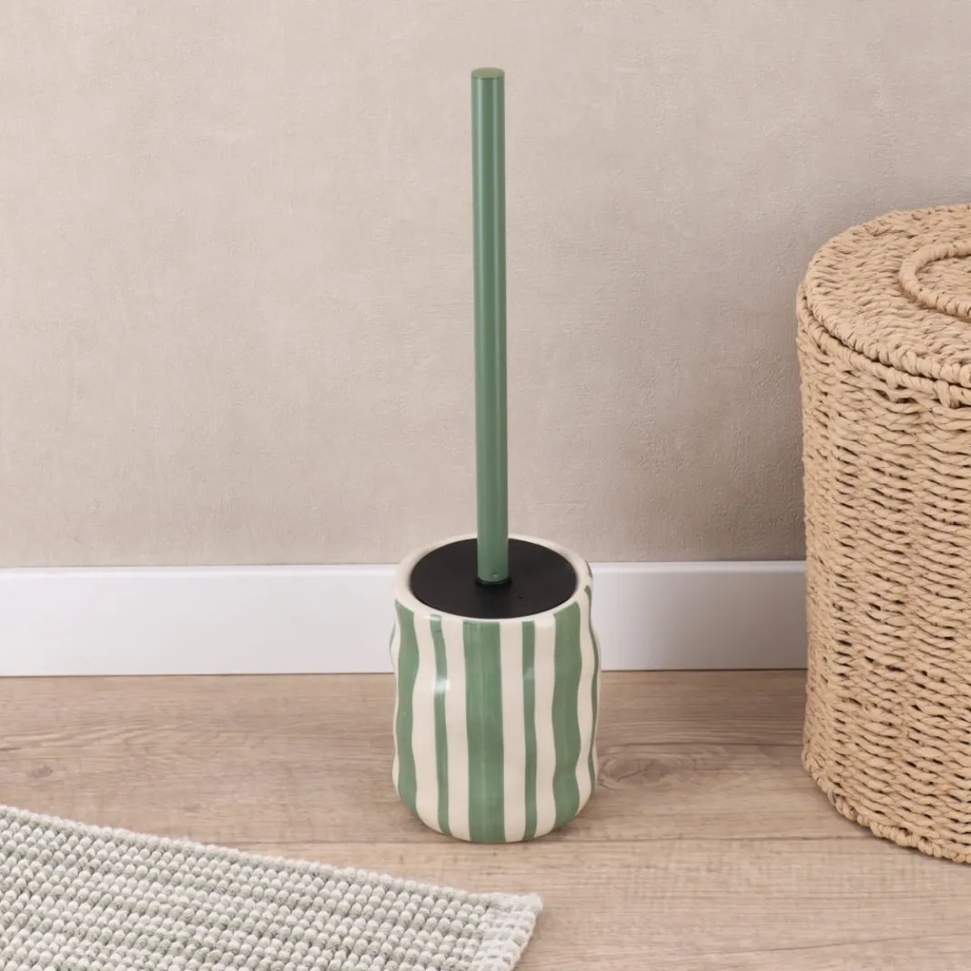 STRIPED STONEWARE TOILET BRUSH - SAGE & CREAM