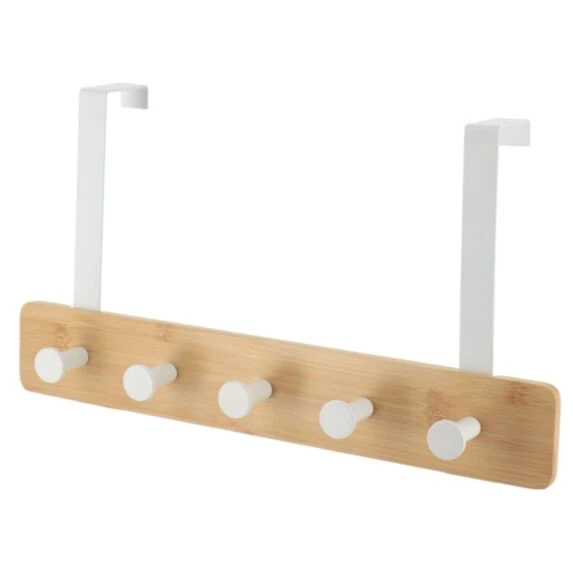 BAMBOO/METAL HOOK RACK WITH 5 HOOKS - WHITE