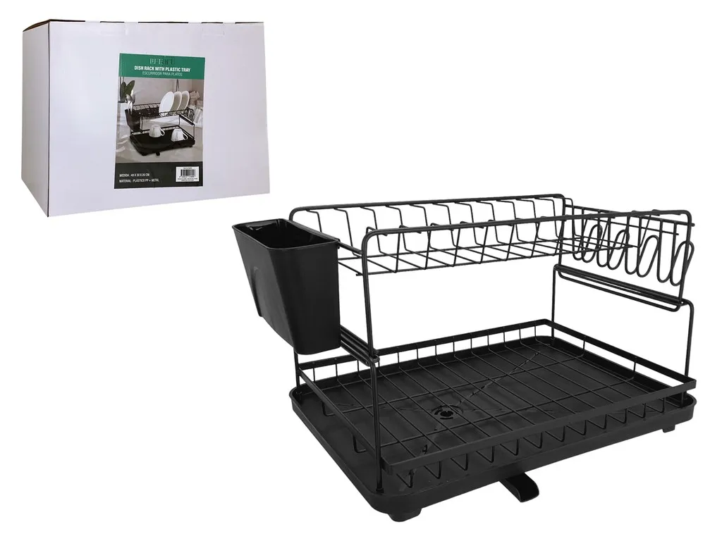 DISH RACK WITH PLASTIC TRAY - BLACK