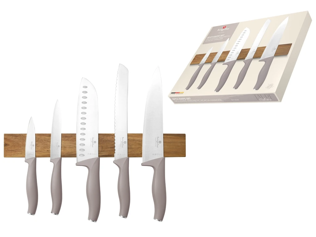 6-PIECE KNIFE SET W/ ACACIA MAGNETIC HANGER - TAUPE