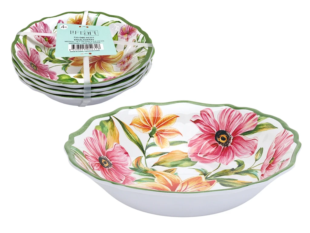 SET OF 4 SALAD BOWLS WITH FLORAL DESIGN 7.5"