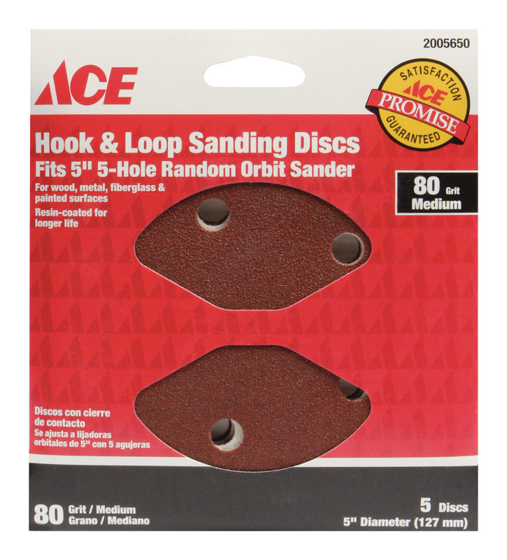 Ace 5 in. Aluminum Oxide Hook and Loop Sanding Disc 80 Grit Medium