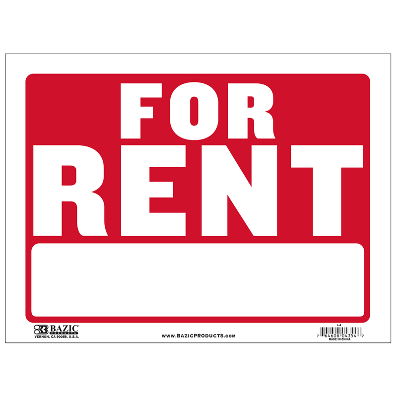 Bazic Products English “For Rent” Sign Plastic - 12 × 16 Inches