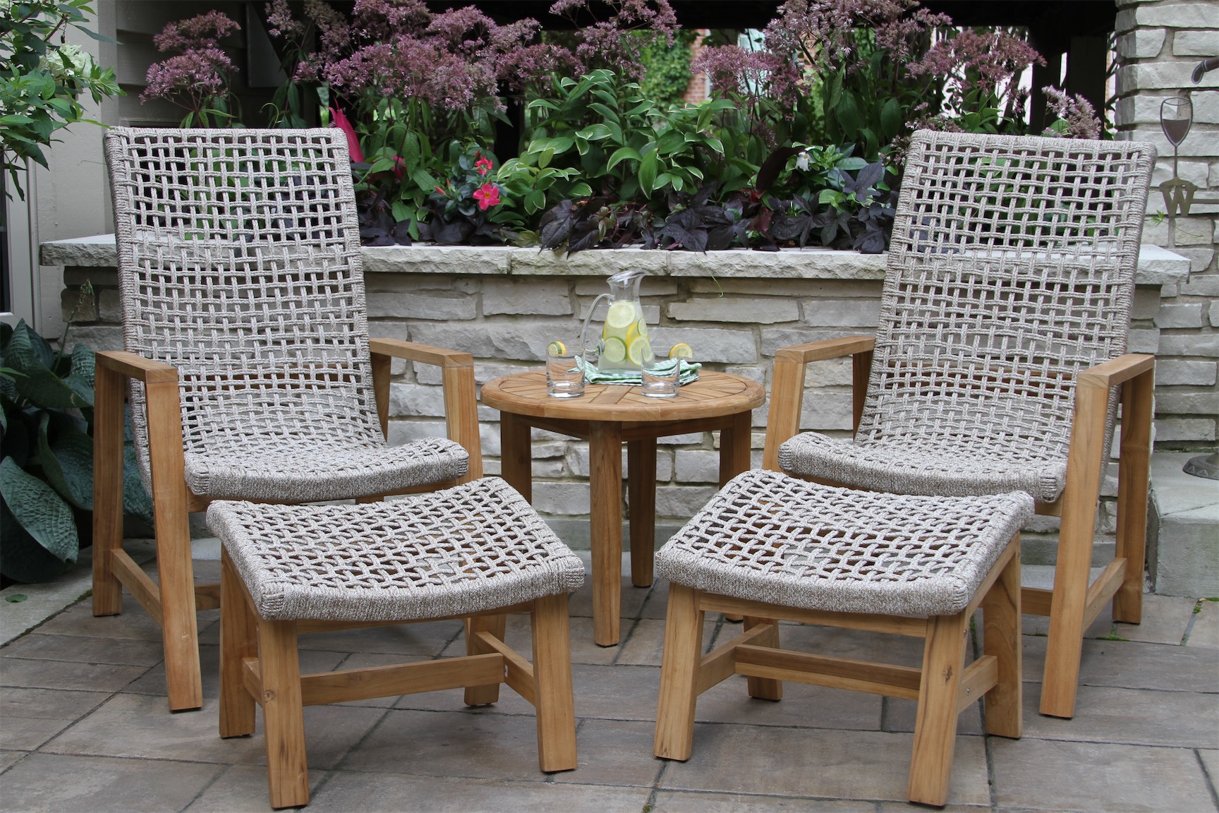 OUTDOOR INTERIORS NAUTICAL ROPE & TEAK OTTOMAN