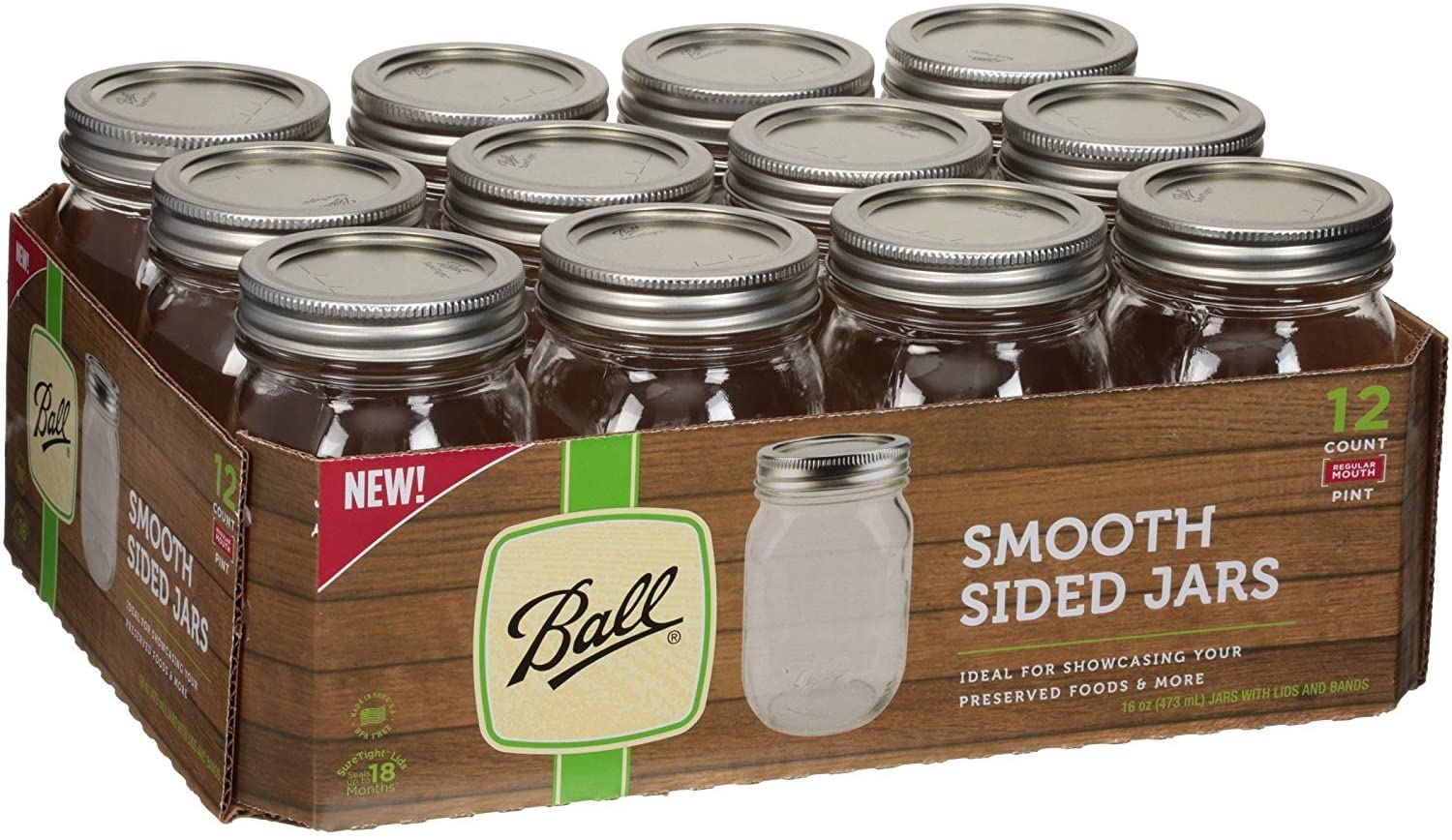 Ball Regular Mouth 16oz Pint Mason Jars with Lids & Bands, 12 Count 