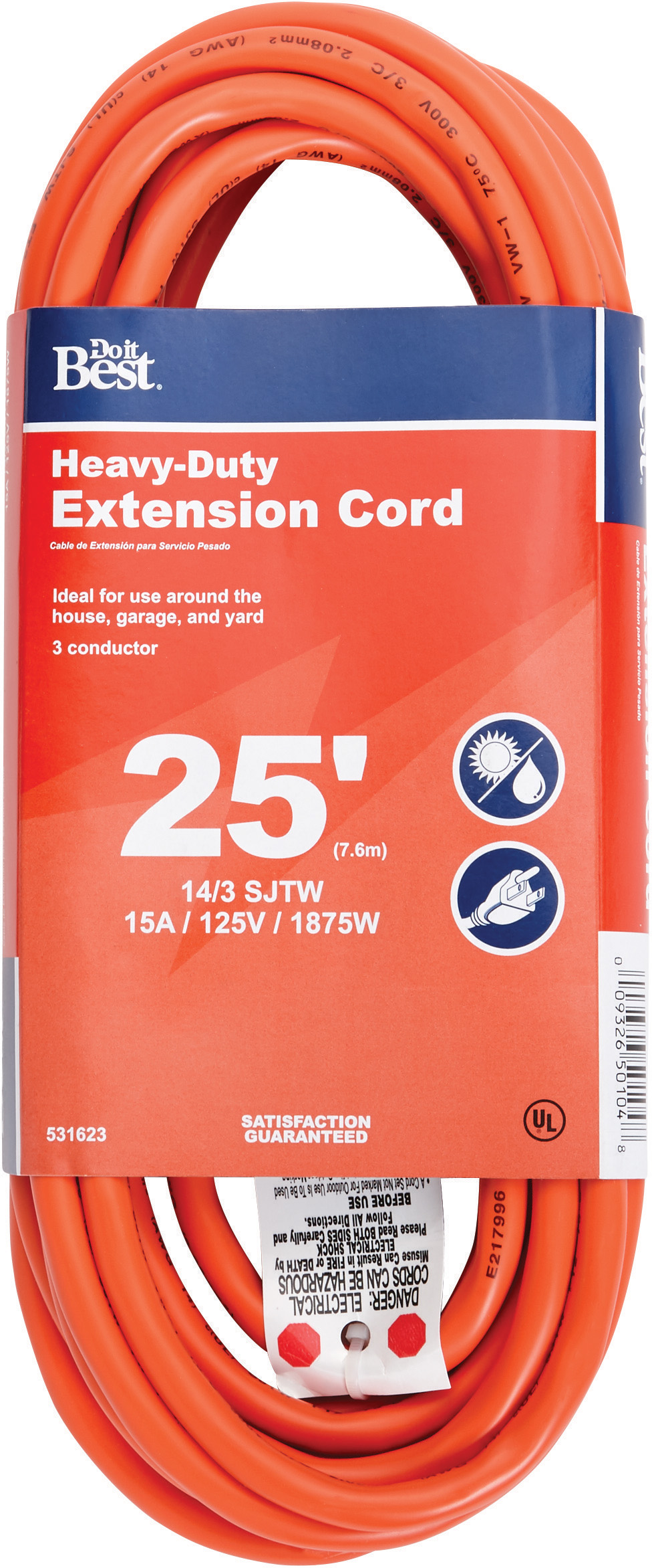 200 ft Power Extension Cord Outdoor & Indoor Heavy Duty 14 gauge/3 Prong SJTW (Orange) Lighted End Extra Durability 7 Amp 125 Volts 875 Watts by