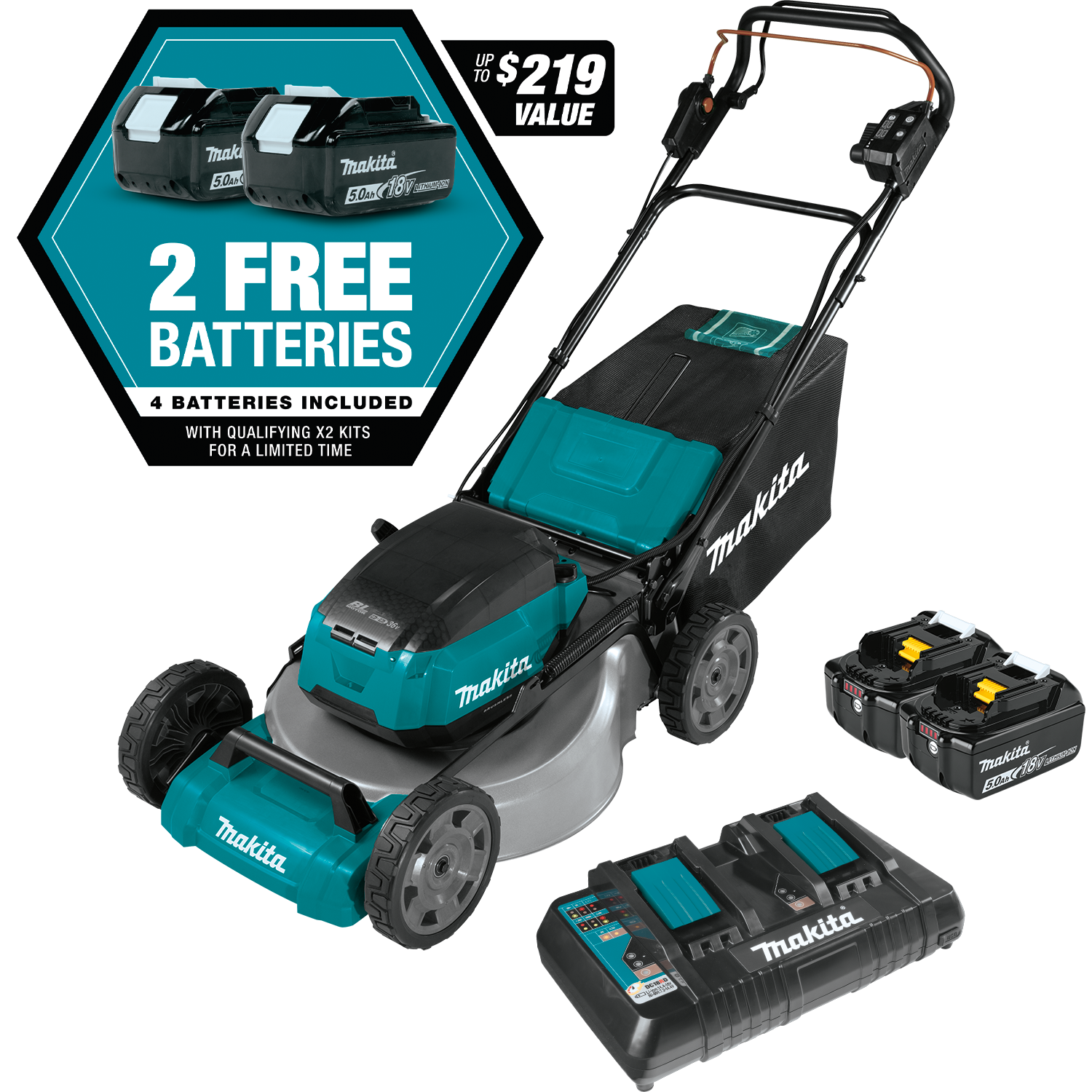 Makita 36V (18V X2) LXT 21 In. Self-Propelled Lawn Mower Kit with 4  Batteries (5.0Ah) - Johnson Hardware & Furniture