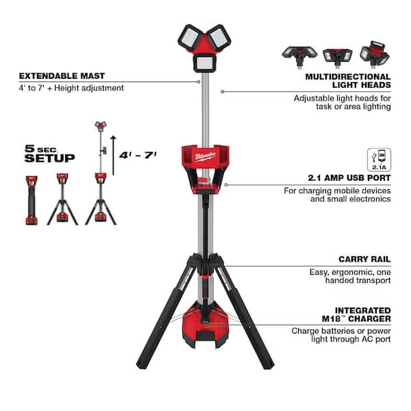 Milwaukee M18 ROCKET 18 Volt Lithium-Ion LED Tower Corded/Cordless Work  Light/Charger (Tool Only) Hammond Hardware
