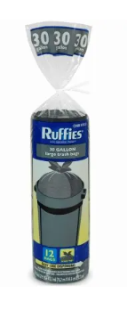 Ruffies Extra Large Trash Bags, Wing Tie, Black, .7 Mil, 30 Gallons, 12-Ct.