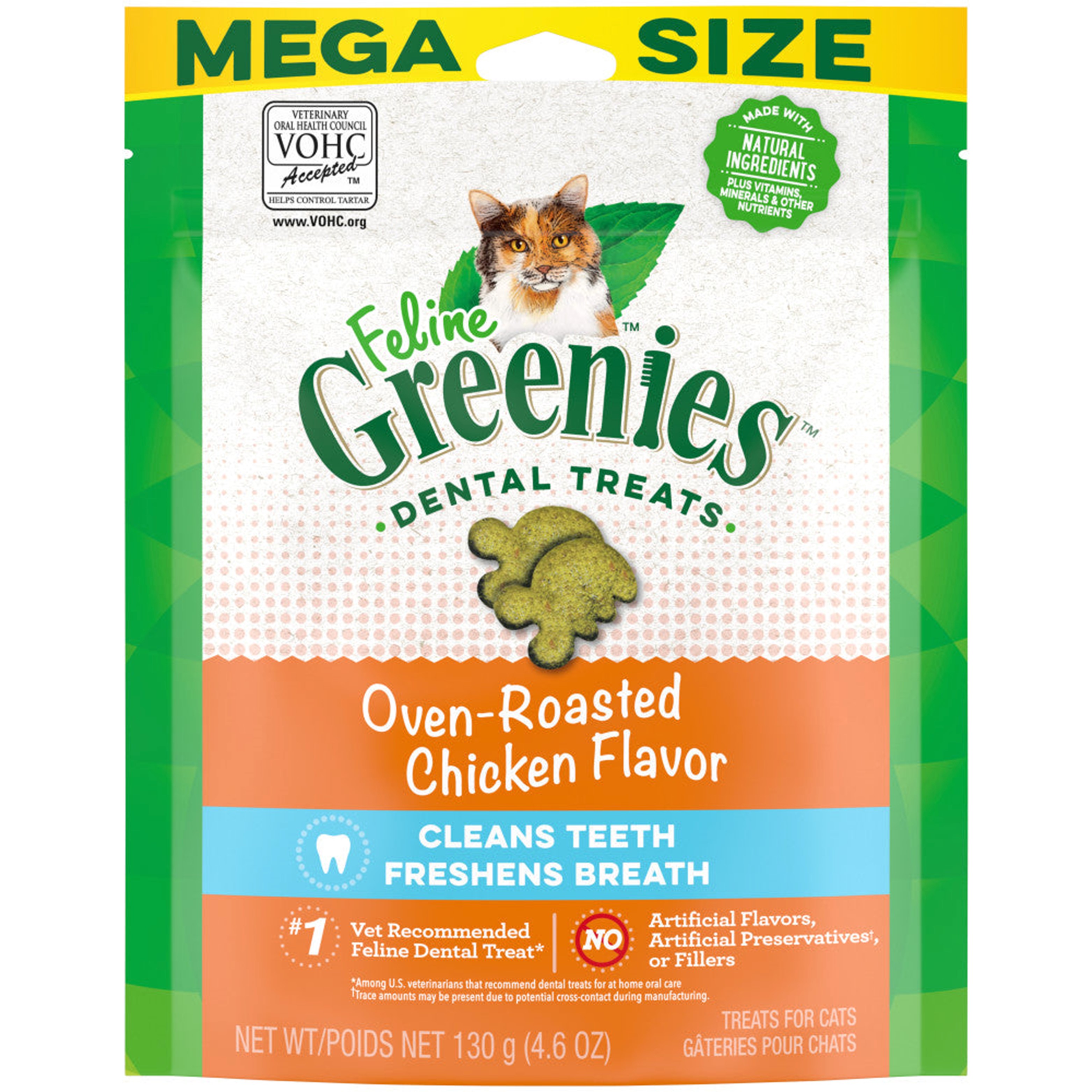 Feline Adult Natural Dental Care Cat Treats Oven Roasted Chicken Flavor Mega Size 4.6 oz