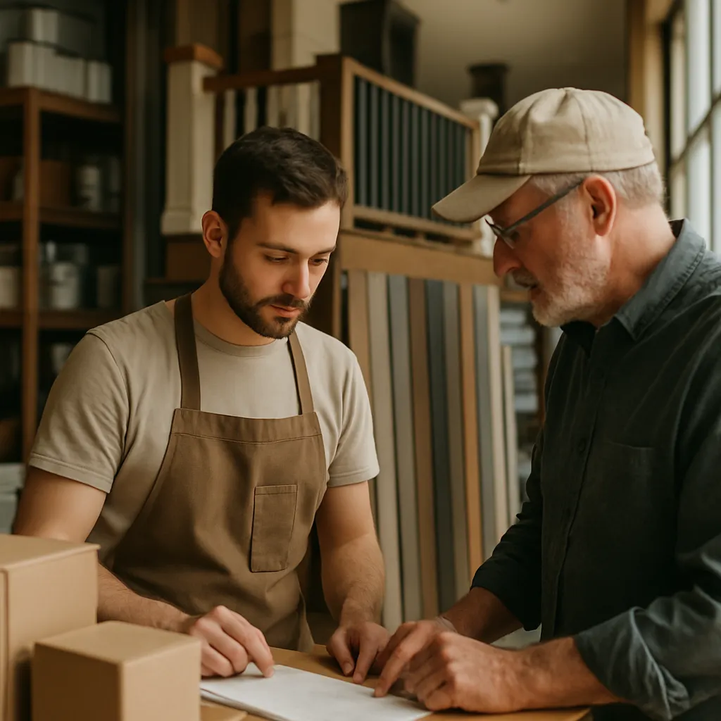 A shop assistant helping a customer at the counter