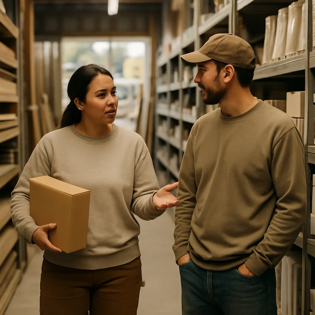 Two colleagues checking stock together in the aisle