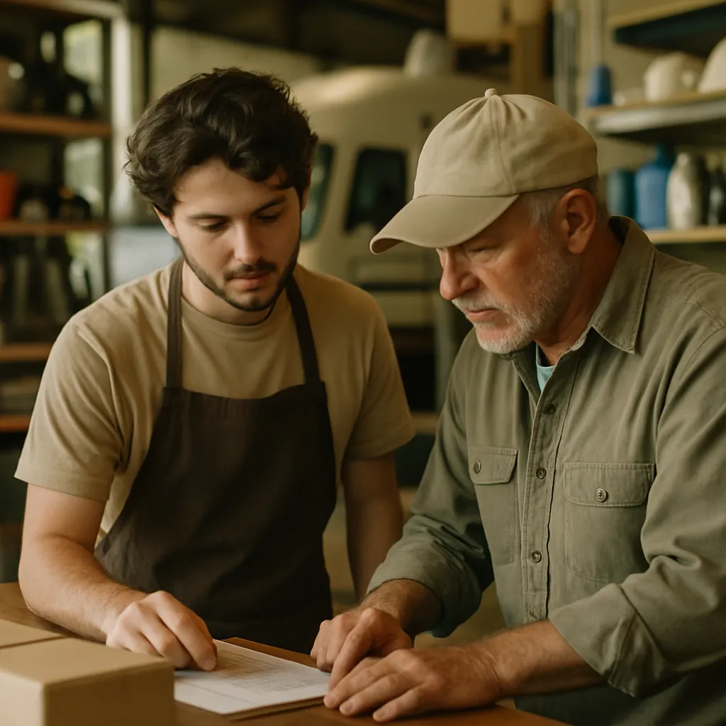 A shop assistant helping a customer at the counter