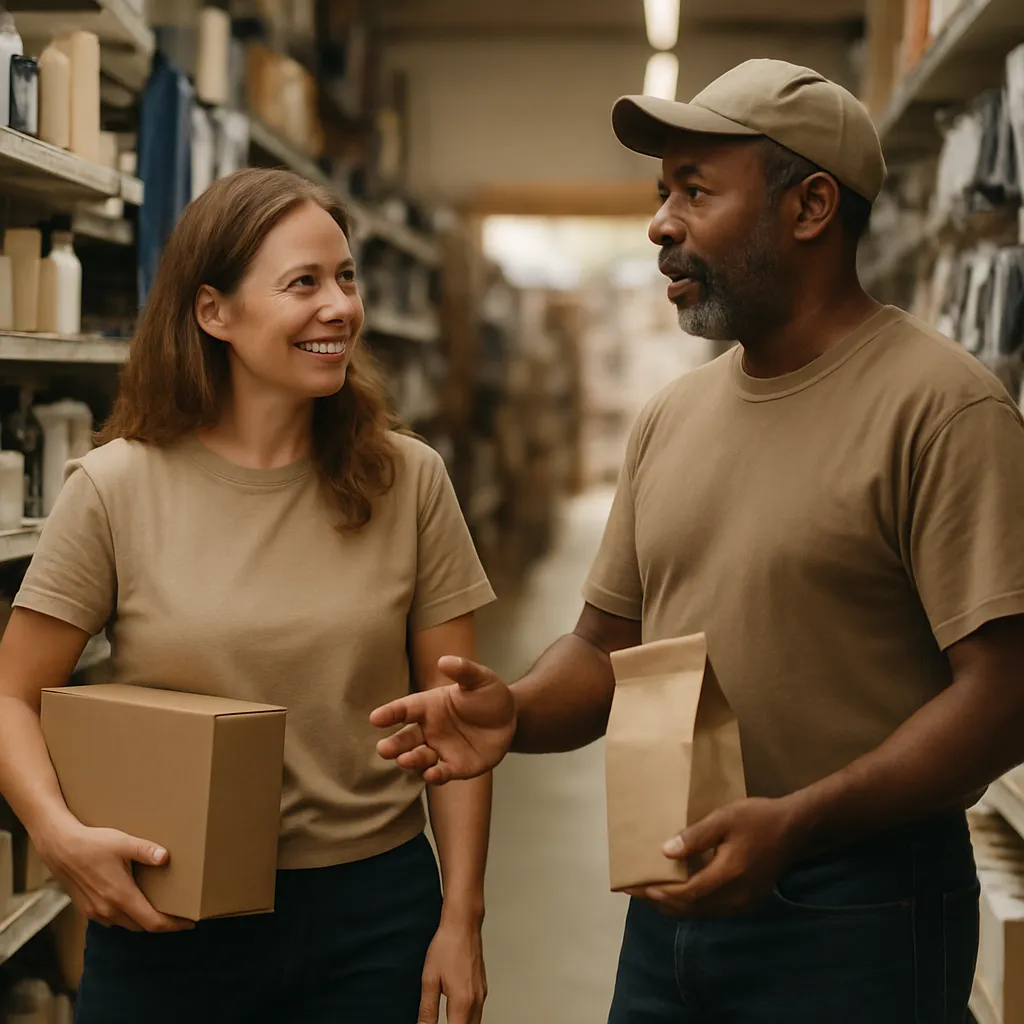 Two colleagues checking stock together in the aisle
