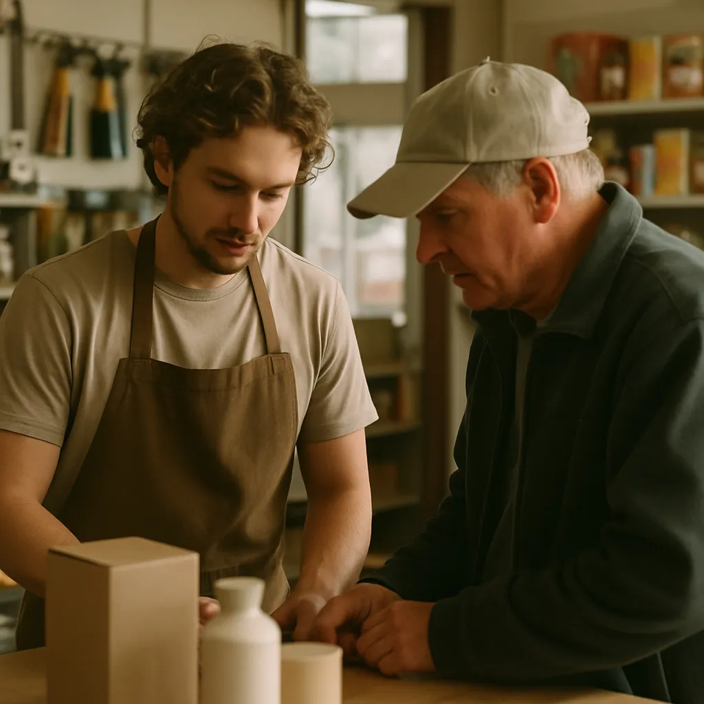 A shop assistant helping a customer at the counter