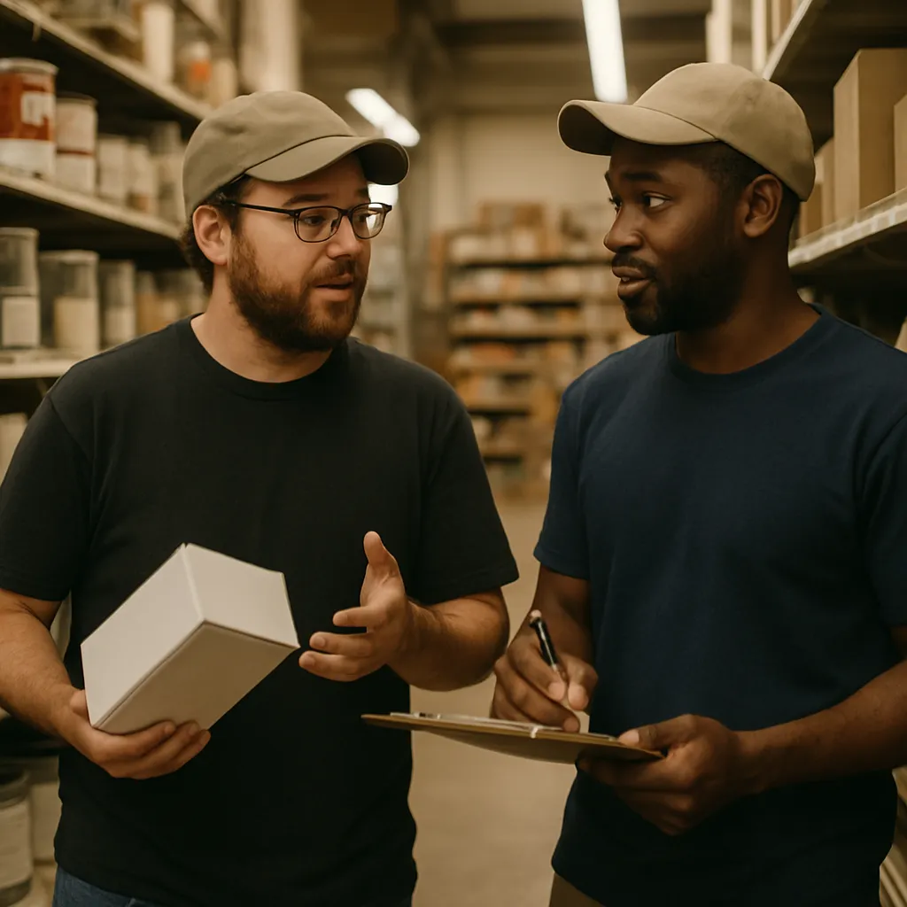 Two colleagues checking stock together in the aisle