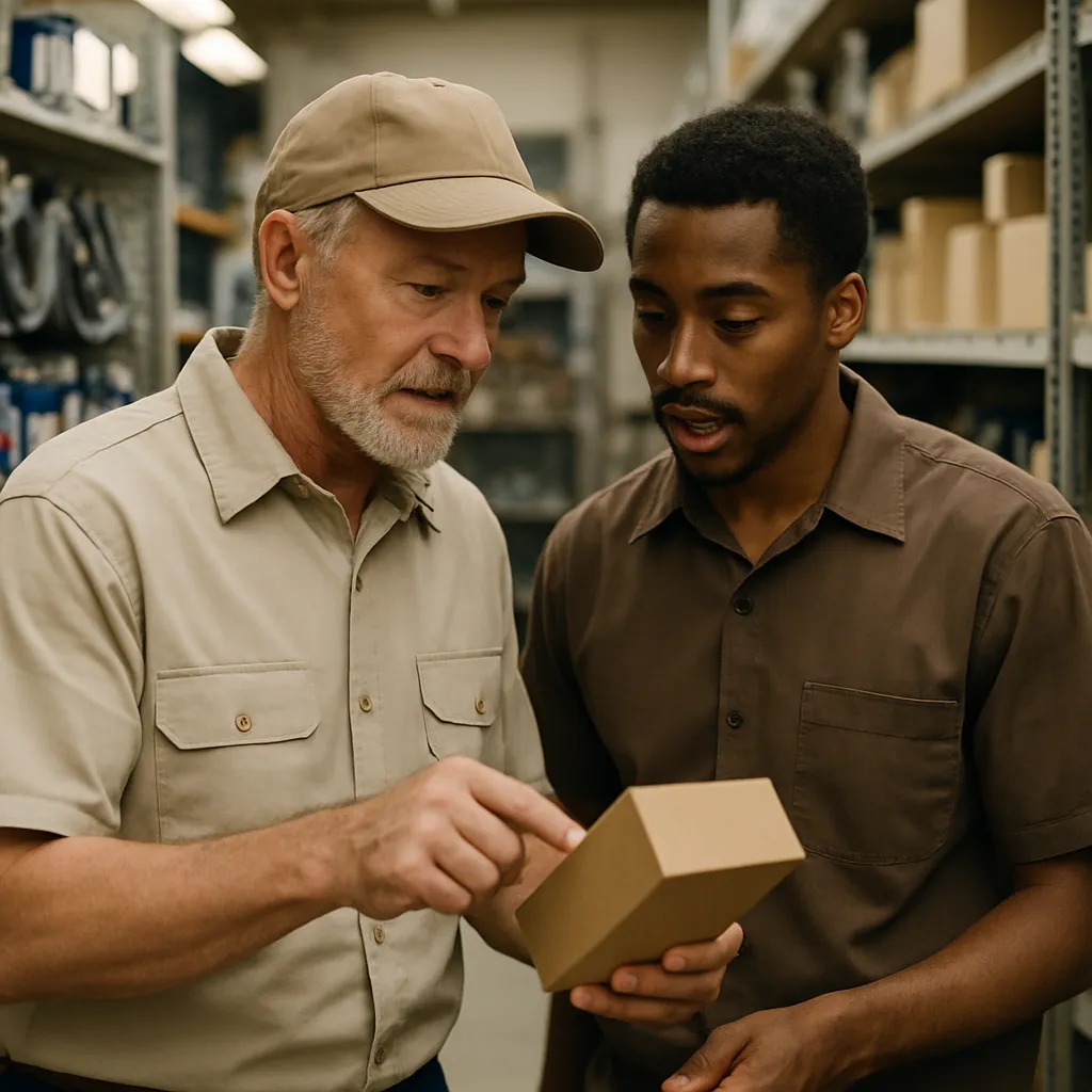 Two colleagues checking stock together in the aisle