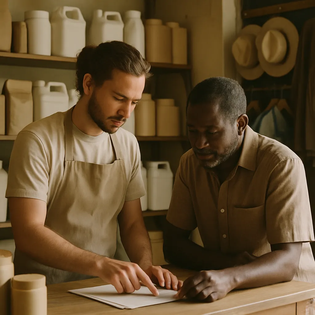 A shop assistant helping a customer at the counter