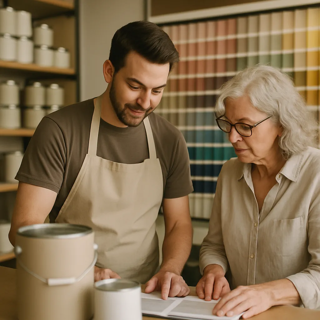 A shop assistant helping a customer at the counter