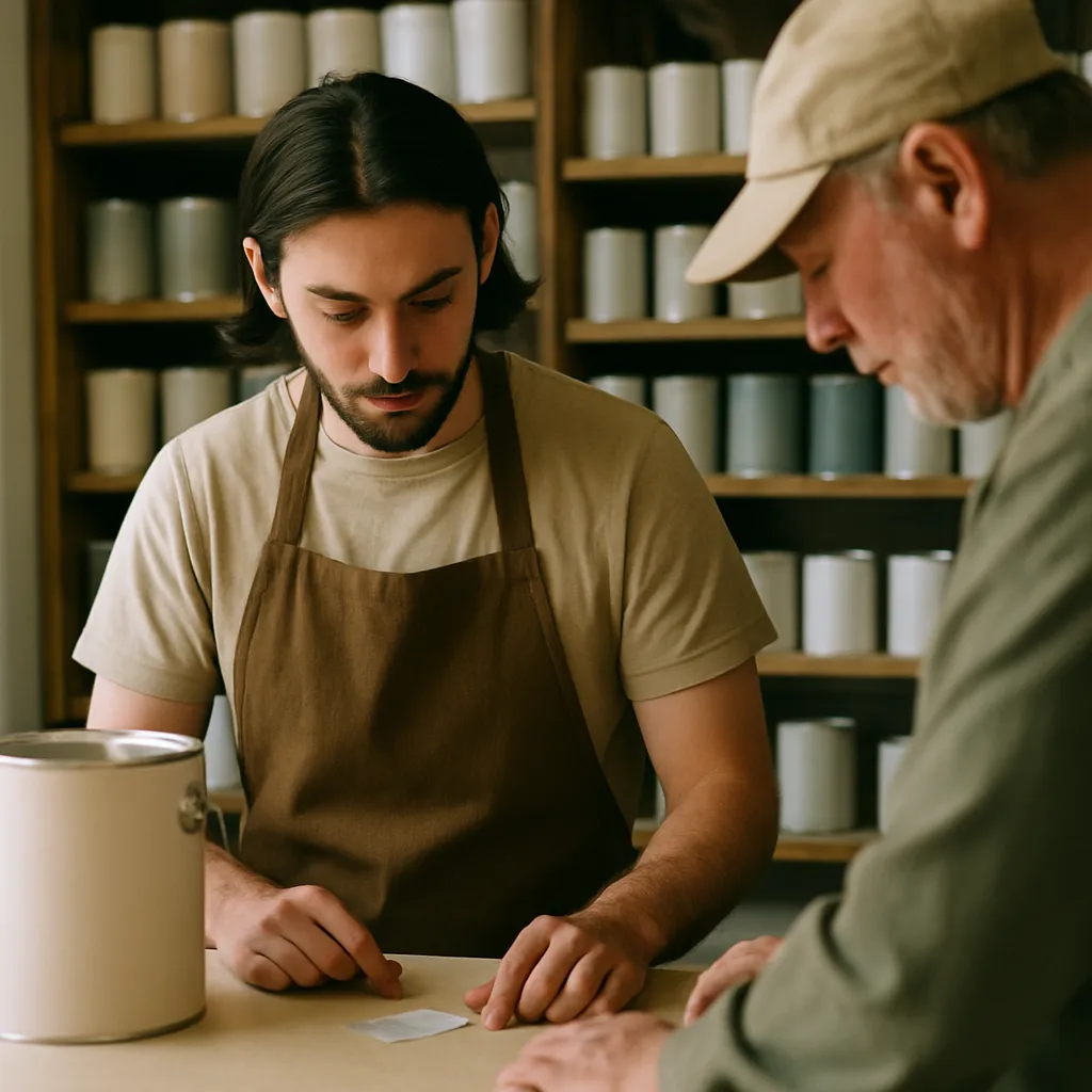 A shop assistant helping a customer at the counter