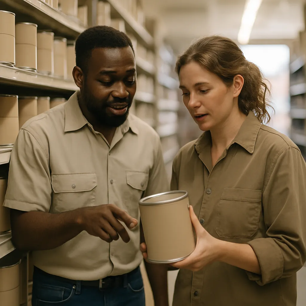 Two colleagues checking stock together in the aisle