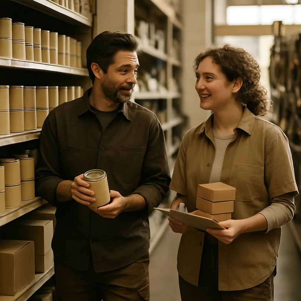 Two colleagues checking stock together in the aisle