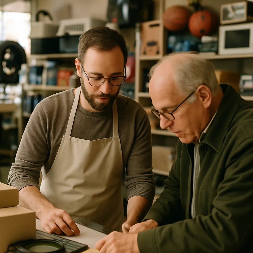 A shop assistant helping a customer at the counter