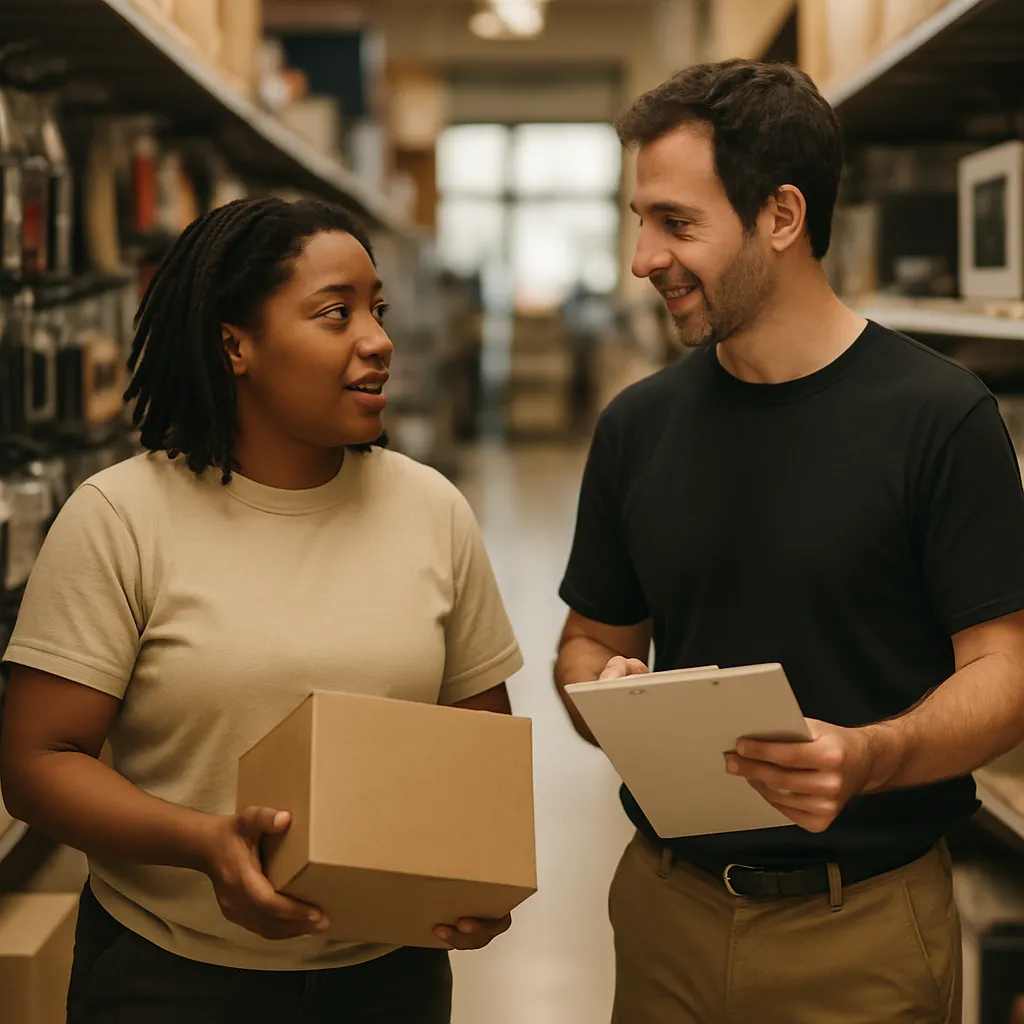 Two colleagues checking stock together in the aisle