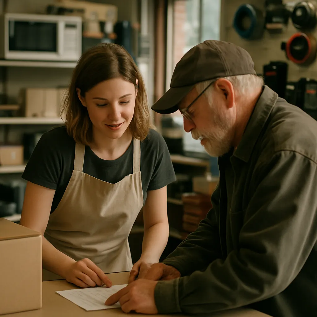 A shop assistant helping a customer at the counter