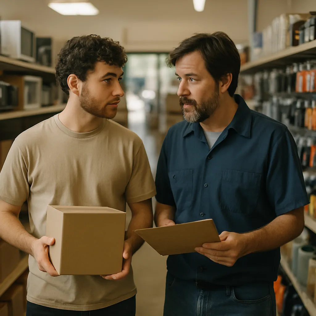 Two colleagues checking stock together in the aisle