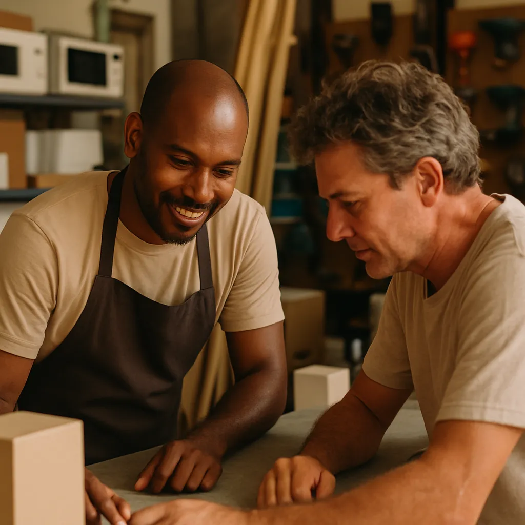 A shop assistant helping a customer at the counter