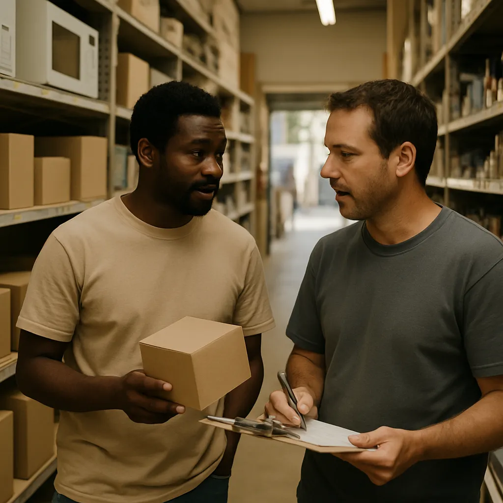 Two colleagues checking stock together in the aisle
