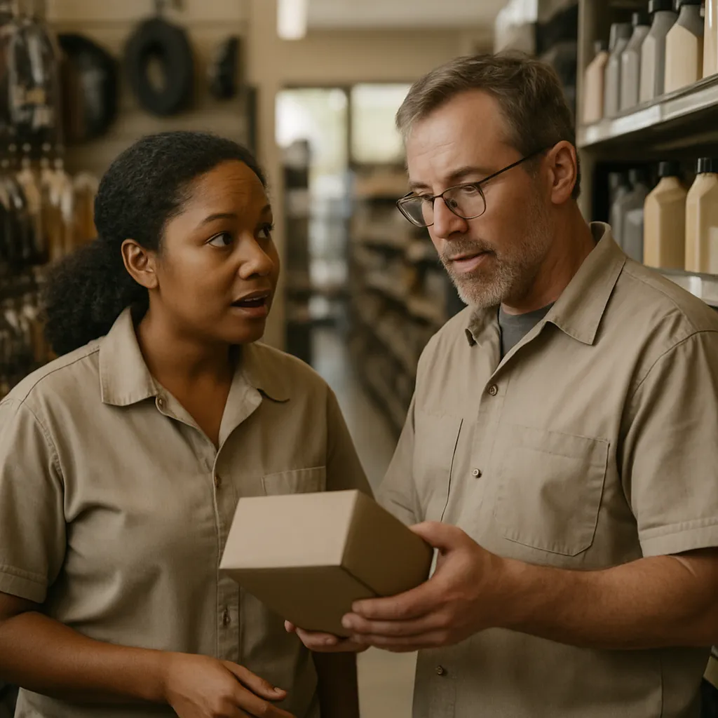 Two colleagues checking stock together in the aisle